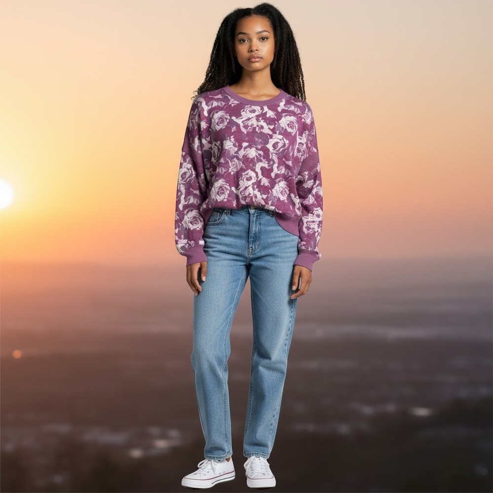 Free People Movement Floral Open Back Long Sleeve Crop Top Purple Small Rose - Picture 1 of 7